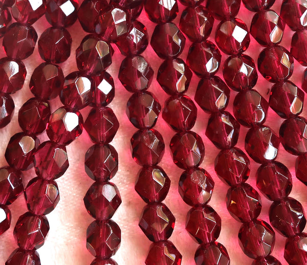 Lot of 25 6mm Czech glass beads, transparent fuchsia, deep, dark pink faceted,, firepolished, round beads 8725 - Glorious Glass Beads