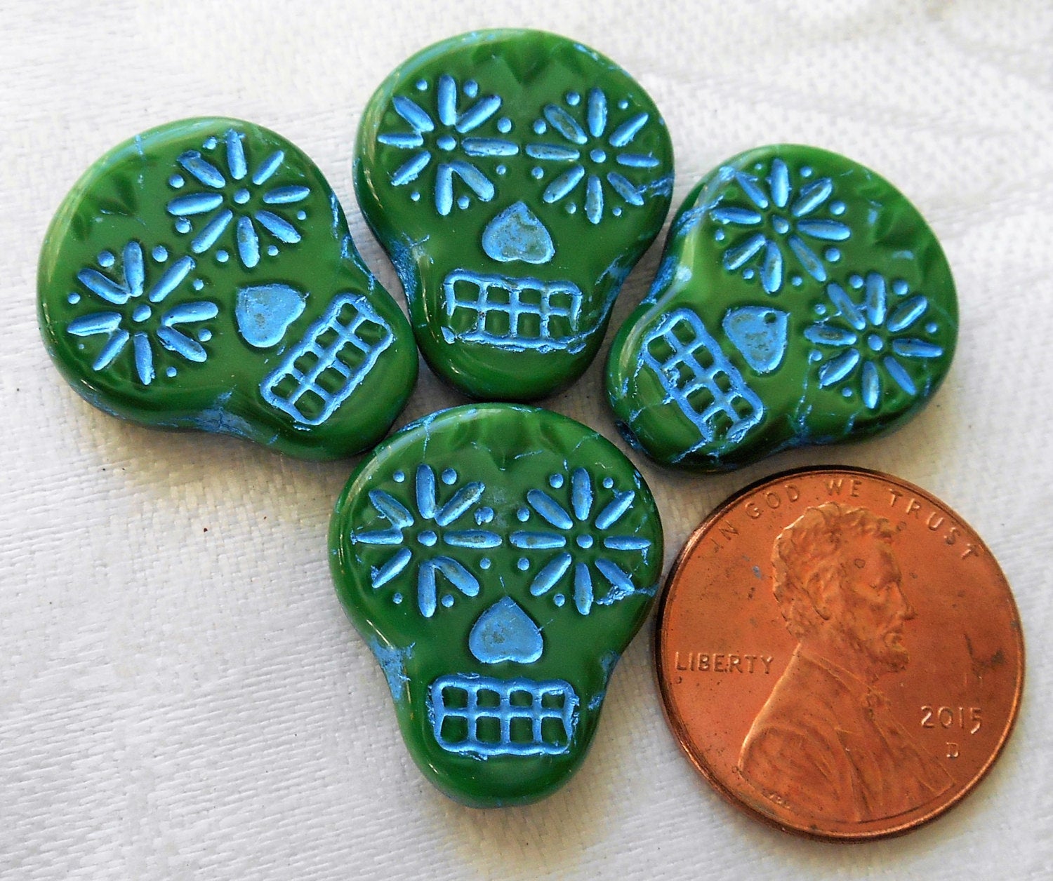 Four large green & blue Czech glass skull beads, opaque green glass with turquoise blue wash, focal beads, 20mm x 17mm C02101