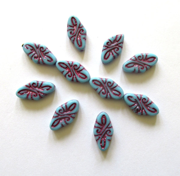 8 Czech glass arabesque beads - 9 x 19mm turquoise blue diamond shaped engraved beads with a purple wash - C0049