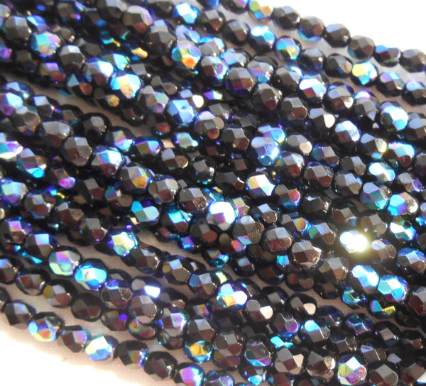 50 4mm Czech Jet Black AB glass beads, round faceted firepolished beads, C5450