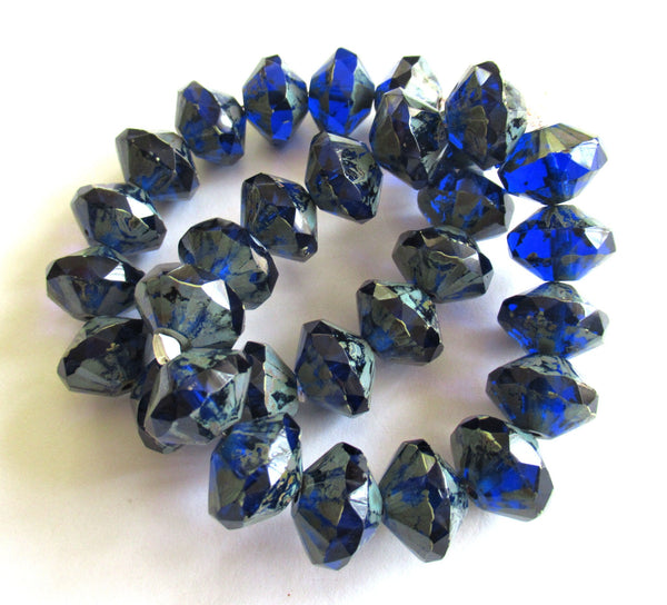 Lot of five Czech large glass faceted rivoli saucer beads - 9 x 13mm cobalt blue w/ picasso finish - chunky rustic earthy beads C00822