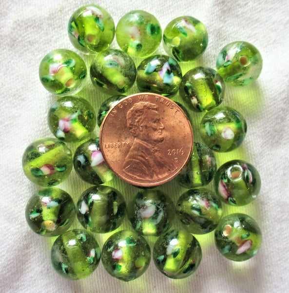 Lot of ten 10mm olivine, olive green glass floral druk beads - made in India glass flower druks C4701
