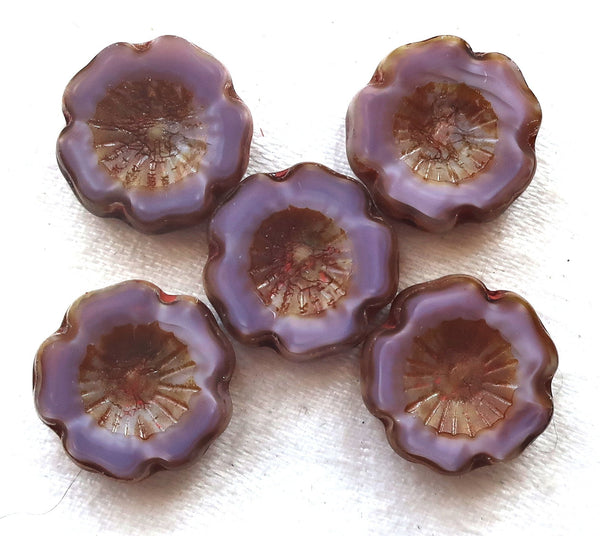 Six 14mm Czech glass hibiscus Hawaiian flower beads, table cut, carved, opaque purple silk, lavender, lilac with a picasso finish C02106 - Glorious Glass Beads