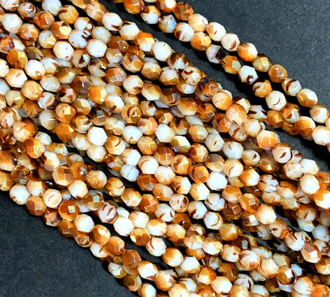 Lot of 50 4mm white and tortoise shell celsian Czech glass beads, round, faceted fire polished beads C0021