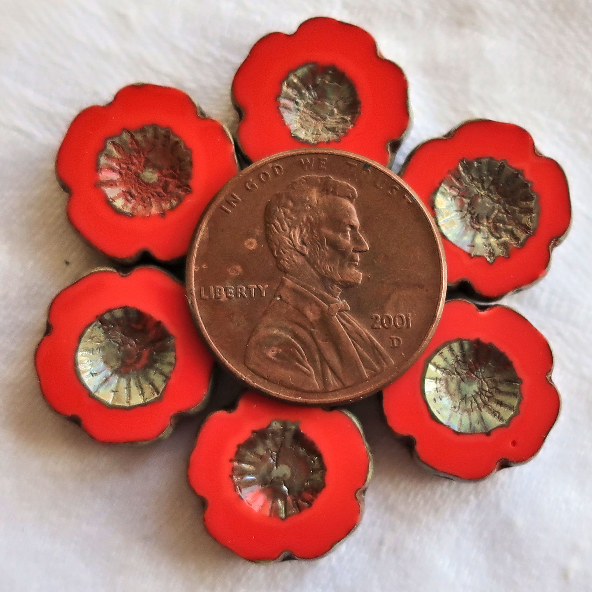 Five Czech glass flower beads. 14mm table cut, carved, opaque bright coral red picasso Hawaiian flower beads C00101 - Glorious Glass Beads