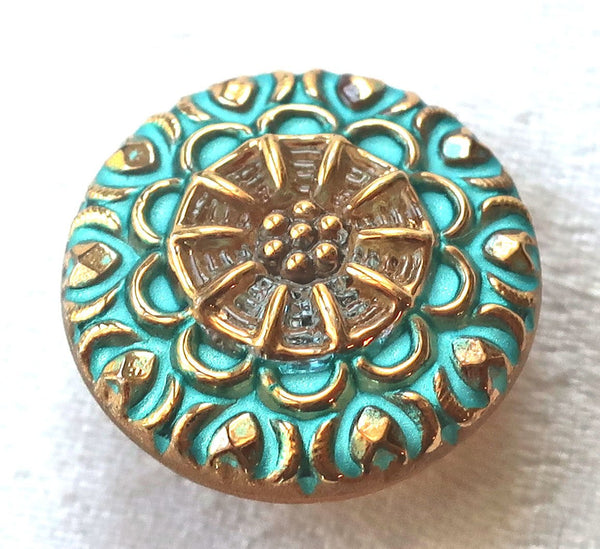 One 18mm Czech glass button, gold patterened button with a turquoise wash, verdigris look, decorative shank buttons 05201 - Glorious Glass Beads
