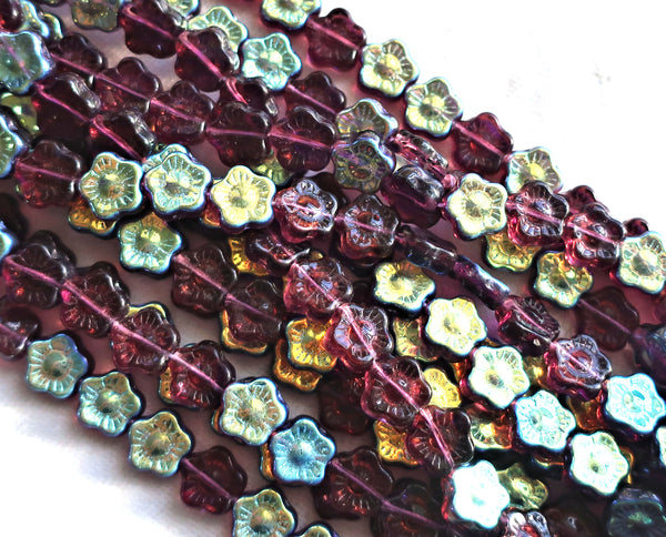 Lot of 25 10mm Dark Amethyst AB Czech glass flower beads, purple pressed glass flower beads, C6901 - Glorious Glass Beads