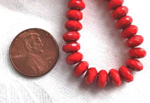 Lot of 25 Opaque Bright Red Picasso faceted puffy rondelle or donut beads, 5 x 7mm, Czech glass beads C16101 - Glorious Glass Beads