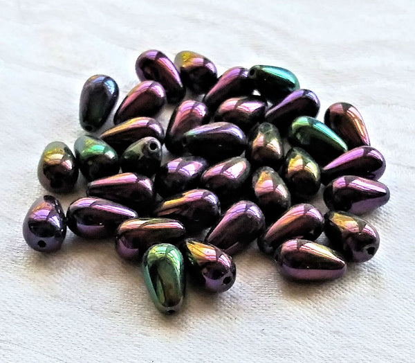 Lot of 25 Czech glass drop beads - smooth purple iris teardrop beads - 10 x 6mm C0301 - Glorious Glass Beads