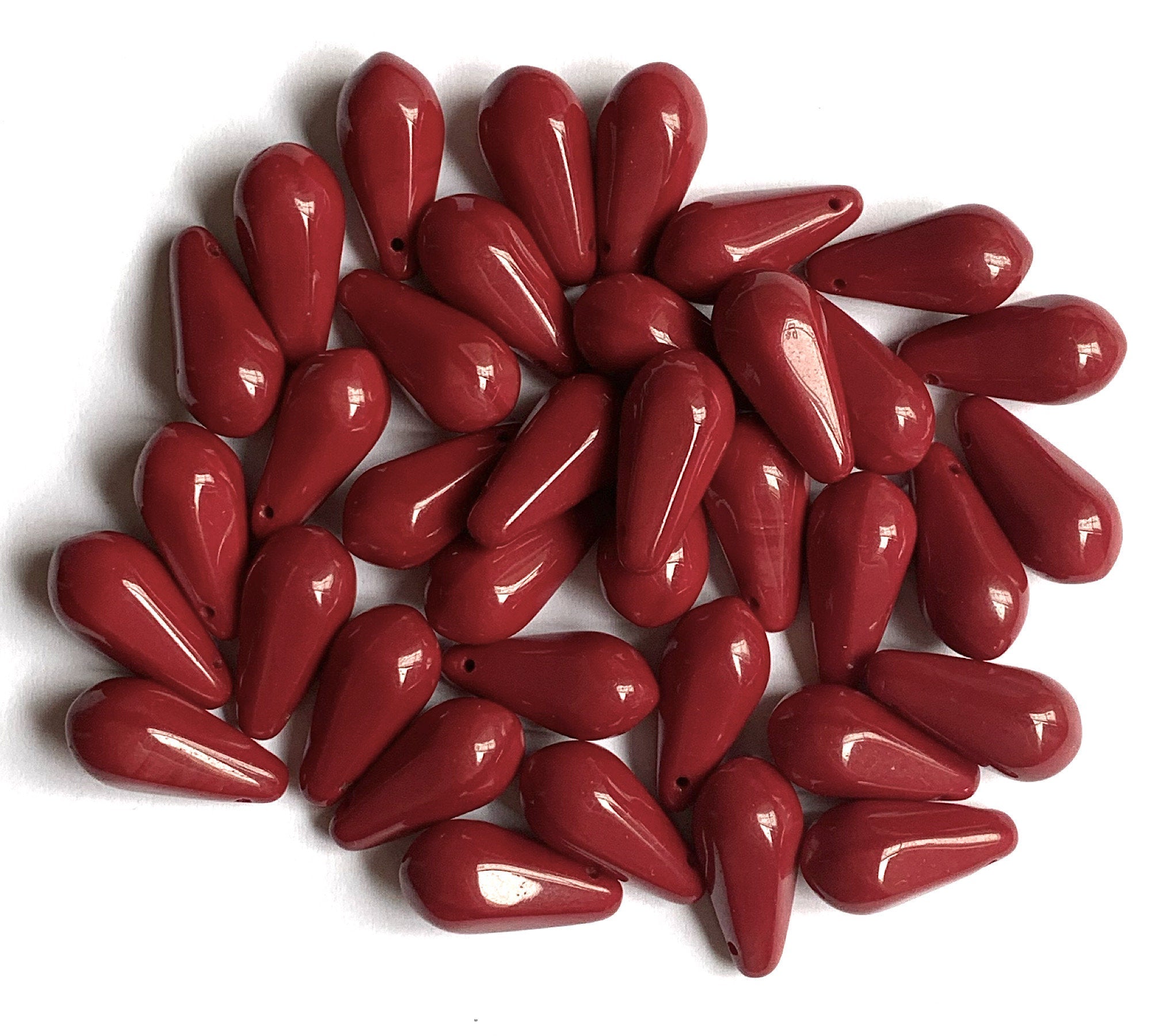 Ten large Czech glass teardrop beads - 9 x 18mm opaque blood red side drilled pressed glass six sided drops C00501