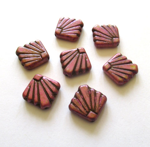 8 Czech glass square fan beads - 17 x 17mm - opaque pink beads with a splotchy rustic finish - C0089