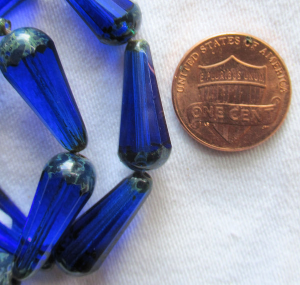 Six Czech glass long faceted teardrop beads - transparent sapphire blue w/ picasso finish on the ends - 9 x 20mm elongated tear drops 19106