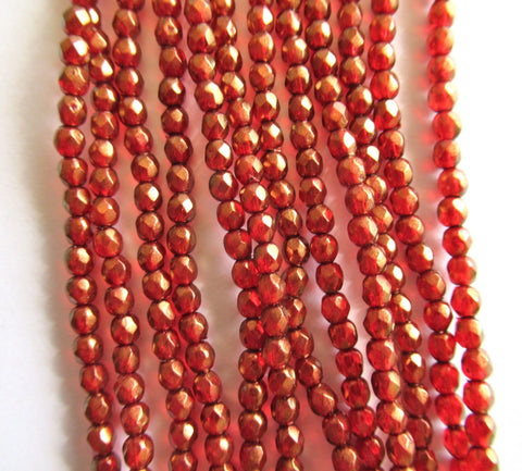 50 3mm faceted fire polished Czech glass beads - Halo Cardinal Red with a transparent gold finish - C0035