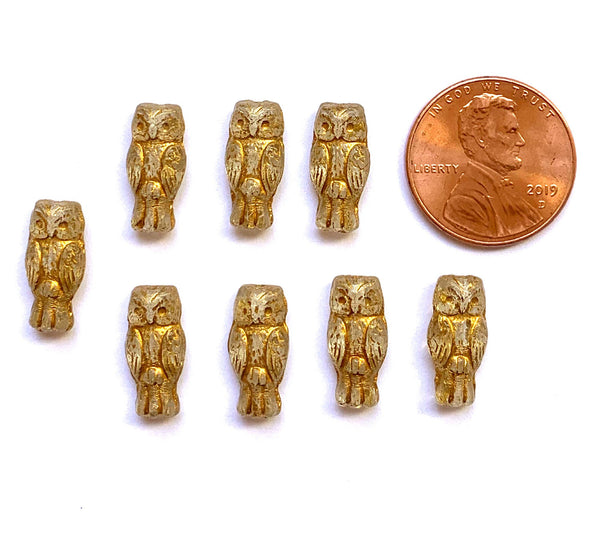 10 Czech glass owl beads - top drilled 7 x 15mm crystal clear with gold wash pressed glass beads C0093
