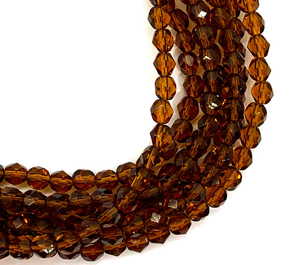 25 faceted round Czech glass beads - 6mm fire polished smoky topaz or transparent brown beads - C0093