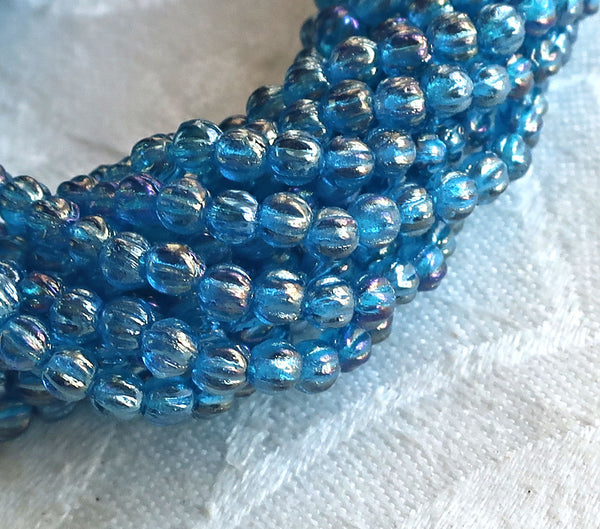 Lot of 100 3mm Czech glass melon beads, Luster Iris Capri Blue pressed glass beads C53150 - Glorious Glass Beads