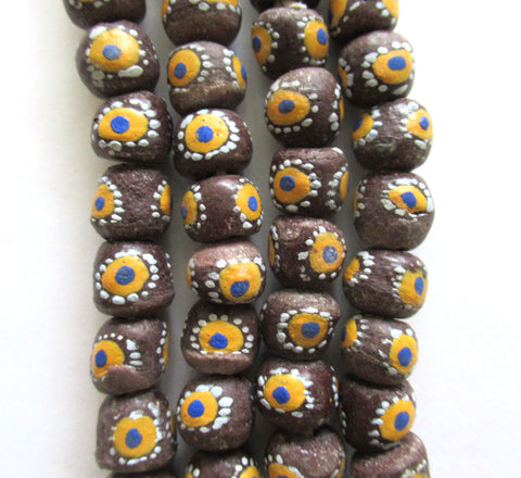 10 African Ghana Krobo round recycled glass beads - brown beads w/ orange blue & white dots - 10 - 11mm - big hole rustic beads - C00211