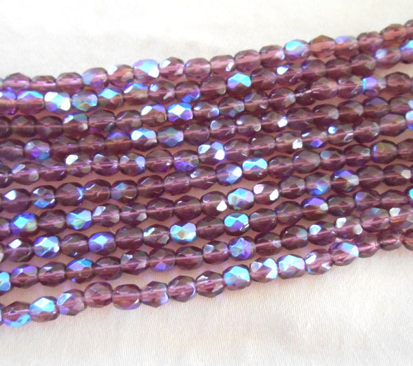 Lot of 50 4mm Czech glass amethyst purple AB beads, firepolished faceted round glass beads C3601 - Glorious Glass Beads