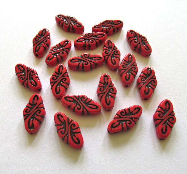 8 Czech glass arabesque beads - 9 x 19mm opaque red diamond shaped engraved beads with a black wash - C0058