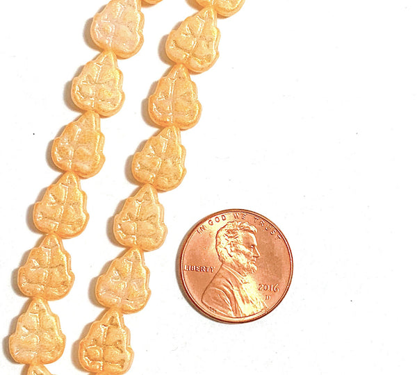 Lot of 25, 10 x 8mm Czech glass center drilled leaf beads - milky white with a shimmer gold finish C0047