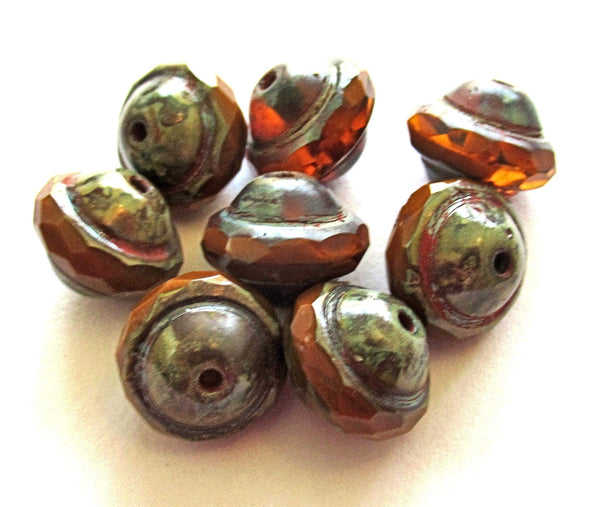 Ten Czech glass faceted saturn saucer beads - 8 x 10mm transparent & opaque mix rust orange brown w/ gray picasso finish - C00911