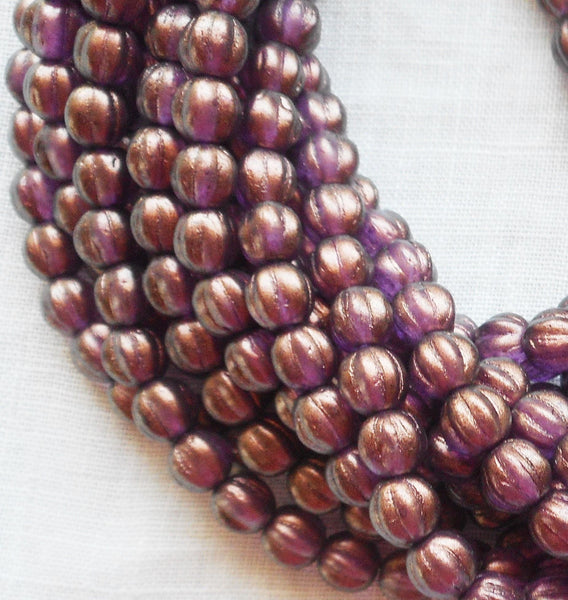 Fifty 5mm Halo Regal Czech glass melon beads, purple, amethyst gold coated beads C33101 - Glorious Glass Beads