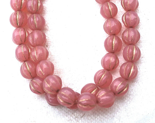 25 Czech pink glass melon beads, 6mm milky pink opal with gold accents. pressed Czech glass beads C5801 - Glorious Glass Beads