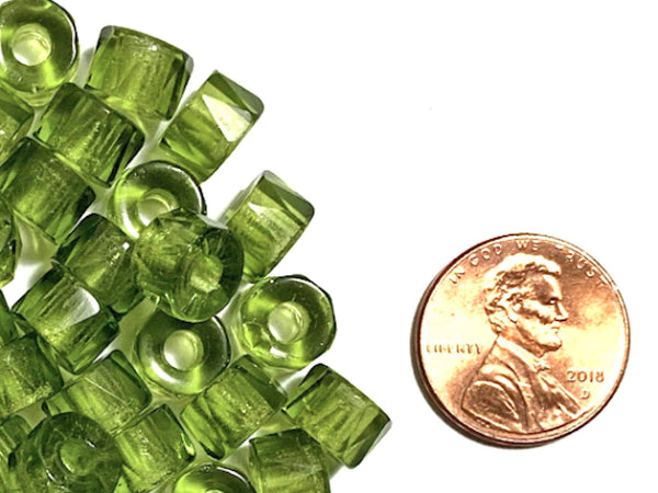 Lot of 25 9mm Czech glass faceted pony or roller beads - olivine olive green - large hole glass crow beads C0931