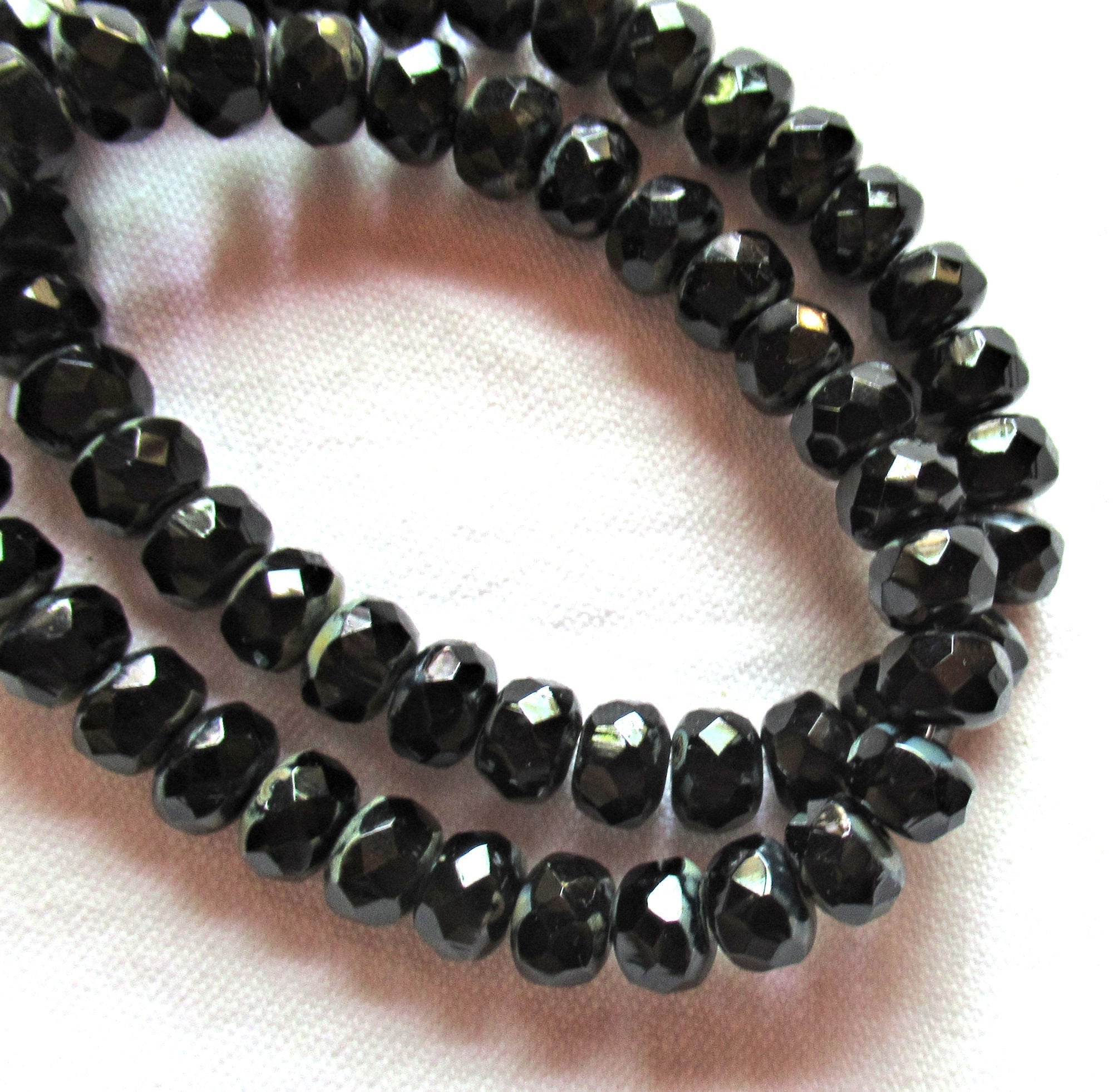 Lot of 30 Czech glass puffy rondelles - 6 x 8mm jet black picasso faceted puffy rondelle beads