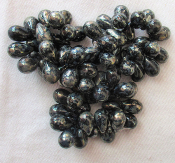 Lot of 25 Czech glass drop beads - opaque jet black with a picasso finish - smooth teardrop beads - 9 x 6mm C5701