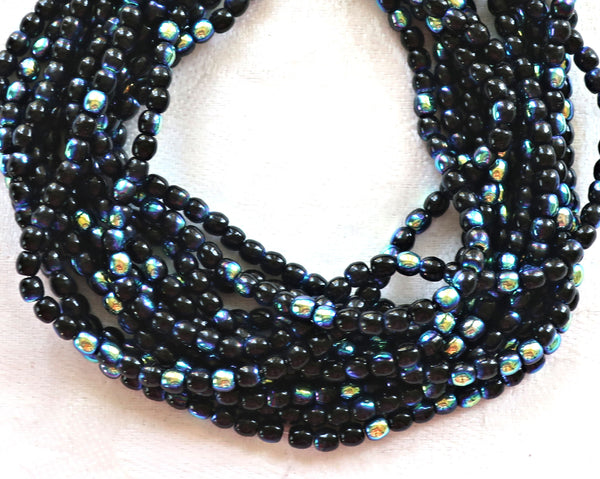 Lot of 100 3mm jet black AB Czech glass druks, smooth round druk beads C4401