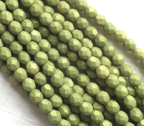 Lot of 25 6mm Opaque Pacifica Avocado green Czech glass beads, firepolished, faceted round beads, C8625