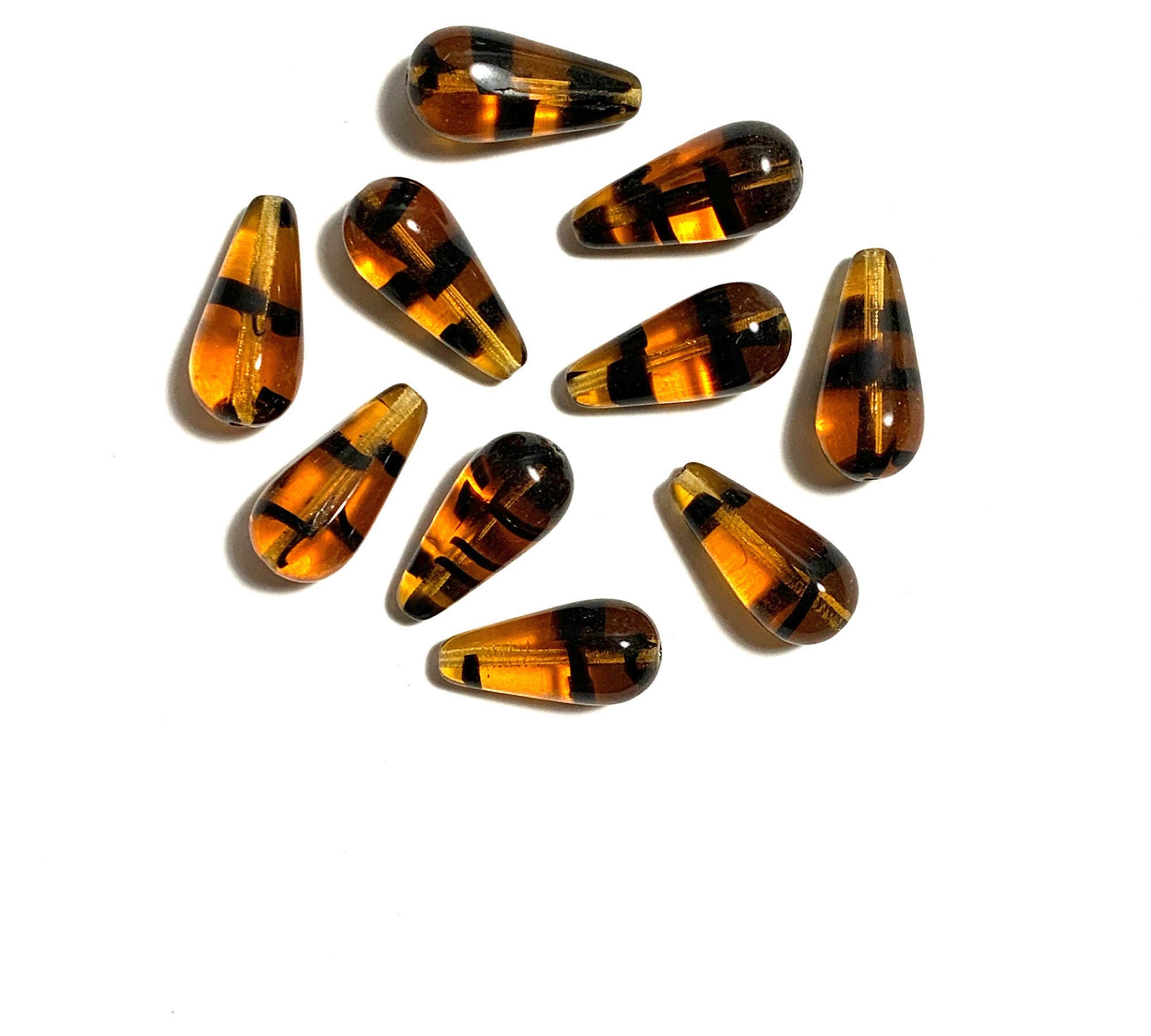 Six large Czech glass teardrop beads -  9 x 20mm tortoiseshell or tortoise shell drop or pear beads - C0055