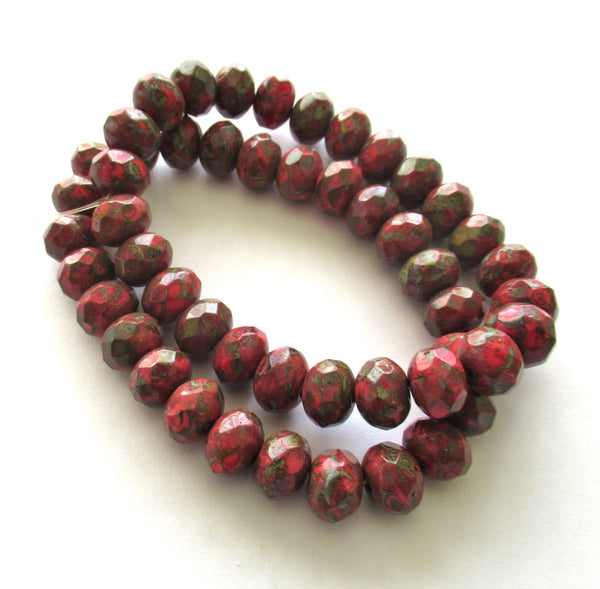 25 Czech glass faceted puffy rondelle beads - 6 x 9mm opaque red beads with a full picasso coat - earthy rustic beads 00523