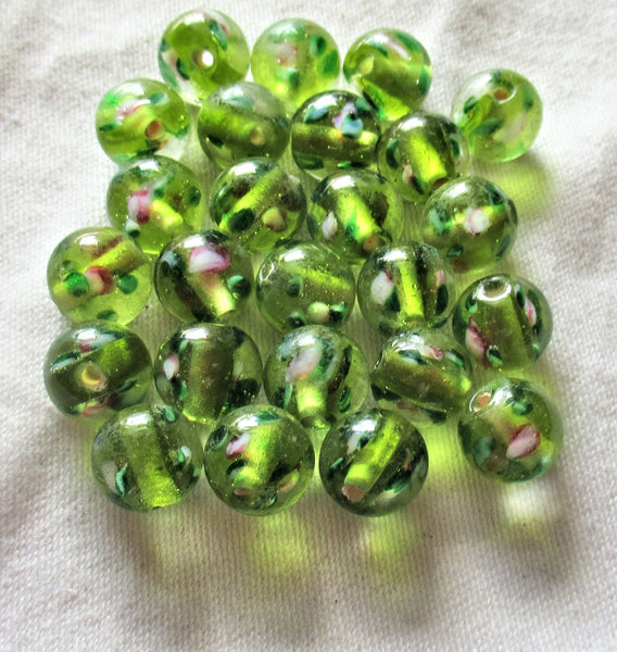 Lot of ten 10mm olivine, olive green glass floral druk beads - made in India glass flower druks C4701