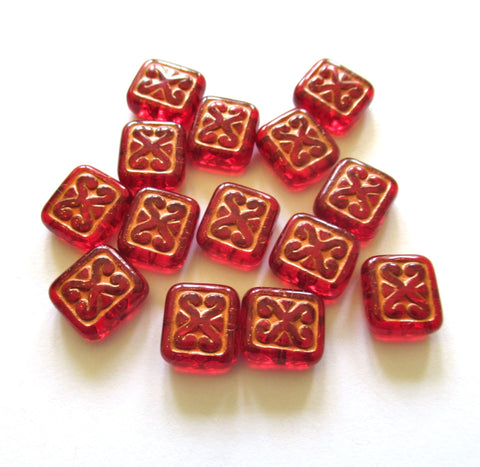 10 Czech glass rectangle beads - light garnet red with a copper wash - fancy patterened rectangular beads - 12mm x 11mm - C0059