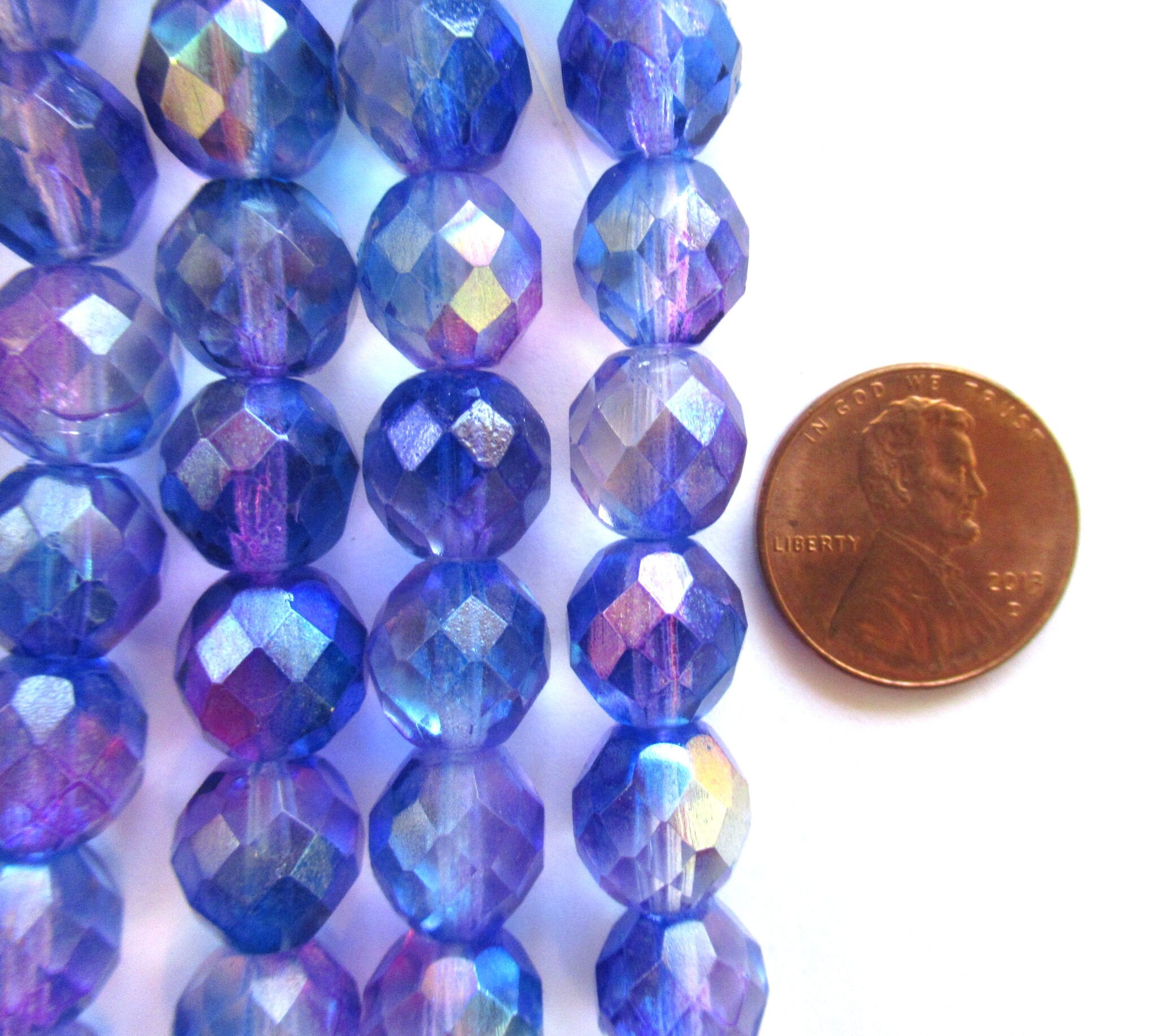 Ten Czech glass fire polished faceted round beads - 10mm blue & pink AB color mix beads C0077