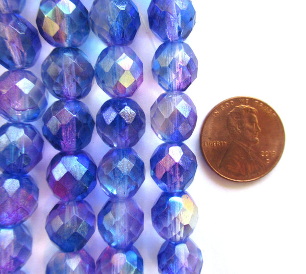 Ten Czech glass fire polished faceted round beads - 10mm blue & pink AB color mix beads C0077