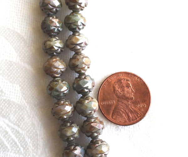 Twelve Opaque Green Luster Picasso 7 x 8mm Rosebud beads, rustic, faceted, firepolished, antique cut, Czech glass beads C2901