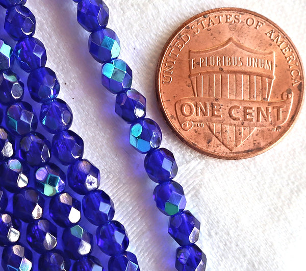 Lot of 50 4mm Czech glass beads, Cobalt Blue AB, firepolished, faceted, round beads C8550 - Glorious Glass Beads
