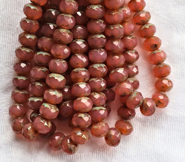 25 Czech glass faceted puffy rondelle beads - 5 x 7mm translucent salmon pink picasso rondelles 00201 - Glorious Glass Beads