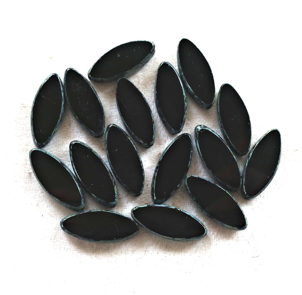 Ten 18 x 7mm opaque jet black table cut, picasso Czech glass spindle beads, almond shaped tube beads C0701