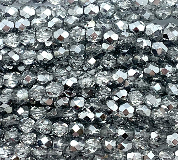 25 faceted round Czech glass beads - 6mm fire polished silver crystal mix beads - C0064
