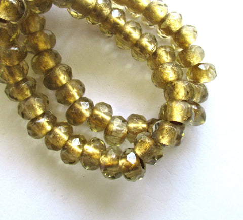 Ten Czech glass roller beads - 8.5 x 5mm light pastel smoky quartz gold lined, faceted roller, rondelle, big 3.5mm hole beads C00801