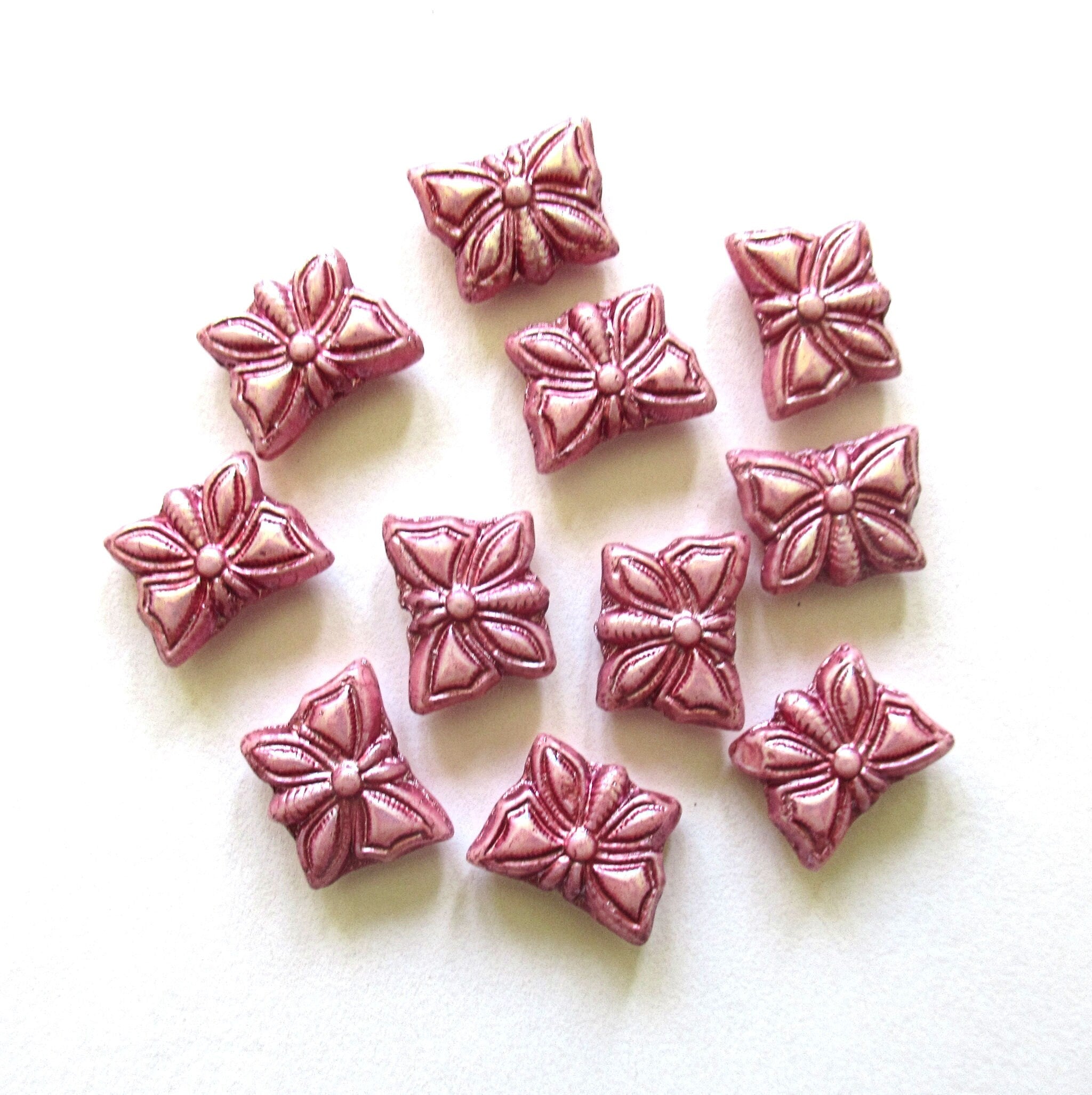 Eight Czech glass butterfly beads - opaque pink with a luster finish - 15 x 12mm pressed glass beads C0098