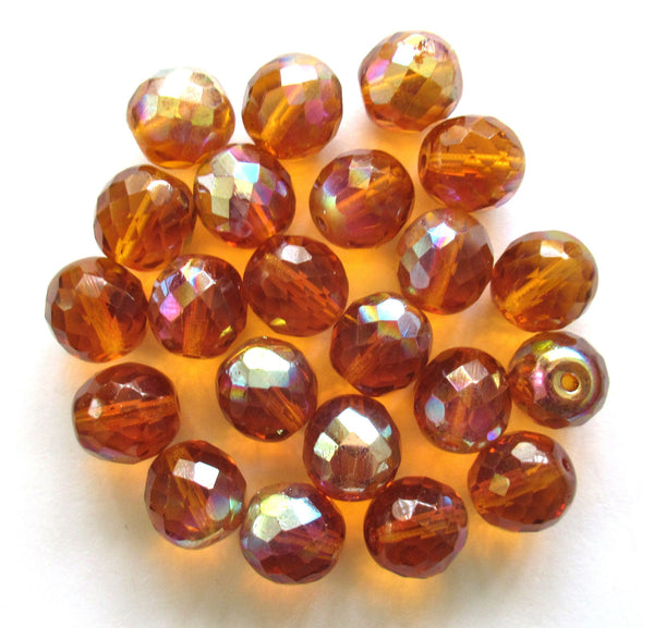 Ten Czech glass fire polished faceted round beads - 12mm topaz brown beads with an ab finish C0087