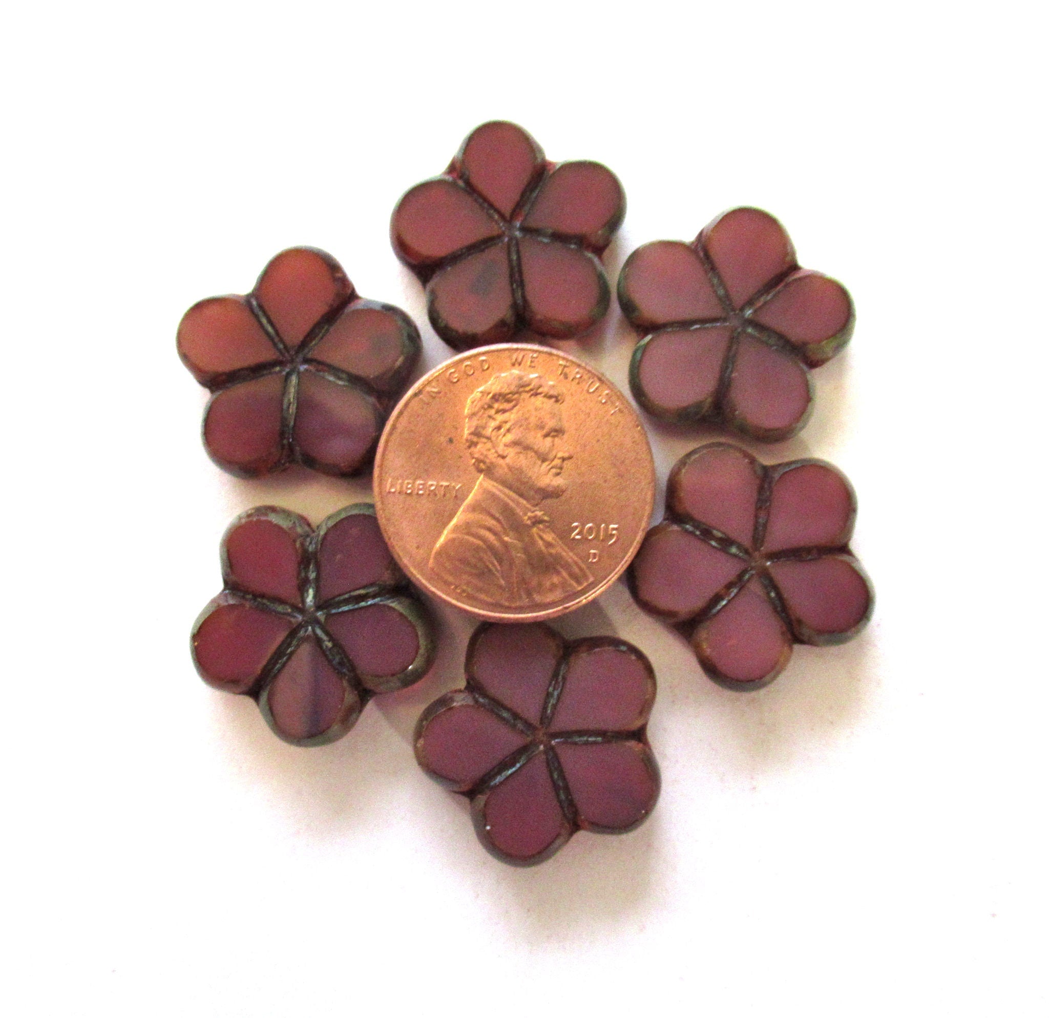 Lot of five Czech glass flower beads - 17mm table cut carved translucent dark pink or mauve picasso accents 00091