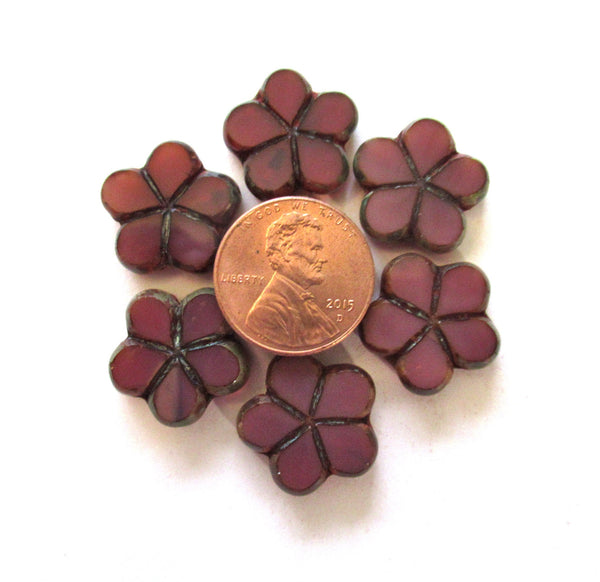 Lot of five Czech glass flower beads - 17mm table cut carved translucent dark pink or mauve picasso accents 00091