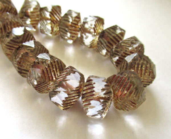 Six Czech glass faceted wavy rondelle beads - large 14 x 6mm crystal clear picasso chunky rondelles - C00451