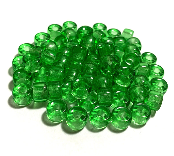 Twenty-five 9mm Czech glass pony, crow, roller beads - peridot green large hole beads - C0094